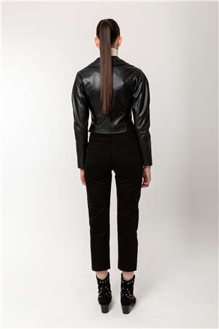 130182 Faux Leather Bıker Jacket Black - Siyah