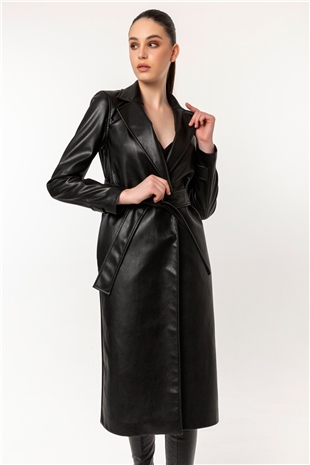 190370 Belted Vegan Leather Coat Black - Siyah