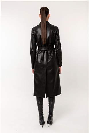 190370 Belted Vegan Leather Coat Black - Siyah